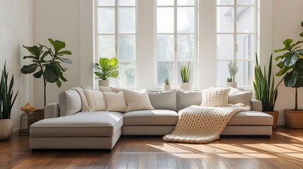 Bright and airy living room with sectional sofa and plants