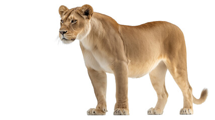 Elegant lioness in full side view with smooth fur and focused eyes, strong body outline, isolated on clean white background, 4k image