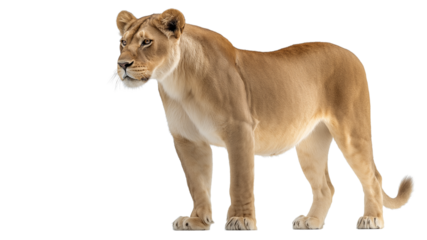 Elegant lioness in full side view with smooth fur and focused eyes, strong body outline, isolated on clean white background, 4k image