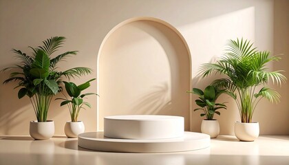 A Minimalist Pedestals Framing Natural Elegance Beneath a Soft Arch of Light and Silence