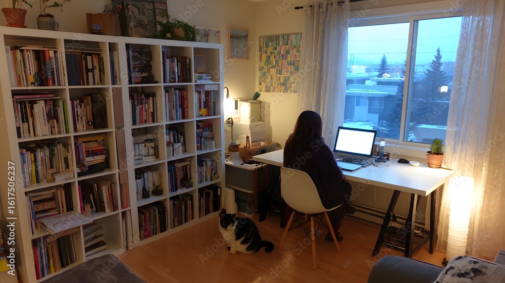 Poster home office workspace with bookshelves and a person working on a computer.