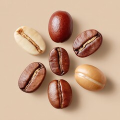Assorted Coffee Beans in Various Colors and Stages of Roasting on a Neutral Background