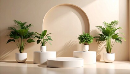 A Minimalist Pedestals Framing Natural Elegance Beneath a Soft Arch of Light and Silence