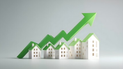 Figures of residential buildings and green arrow pointing up. Concept of real estate growth and housing market trend.
