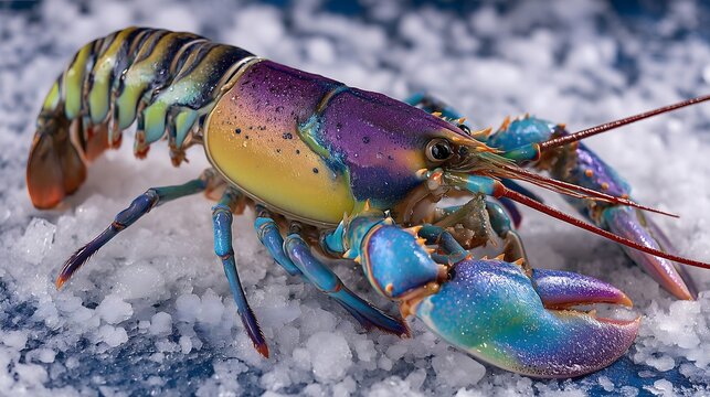 Rainbow lobster close-up on ice bed in seafood market. Concept of exotic crustacean delicacy.