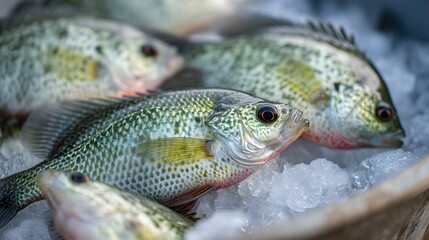 Fototapeta premium Fresh water crappie on ice in fishing bucket after morning catch 