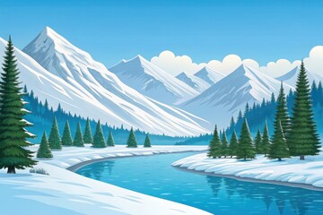 A serene winter landscape with snowcapped mountains and a winding river