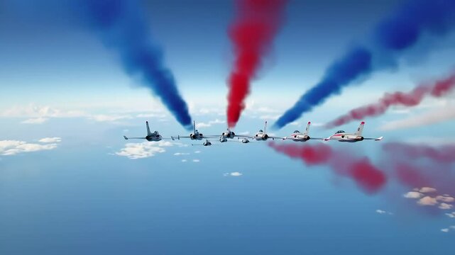 Aerobatic Display with Smoky Trails: A squadron of aircraft performs a breathtaking aerobatic display against a backdrop of a clear, open sky. Capturing their maneuvers and leaving a trail of vibrant.
