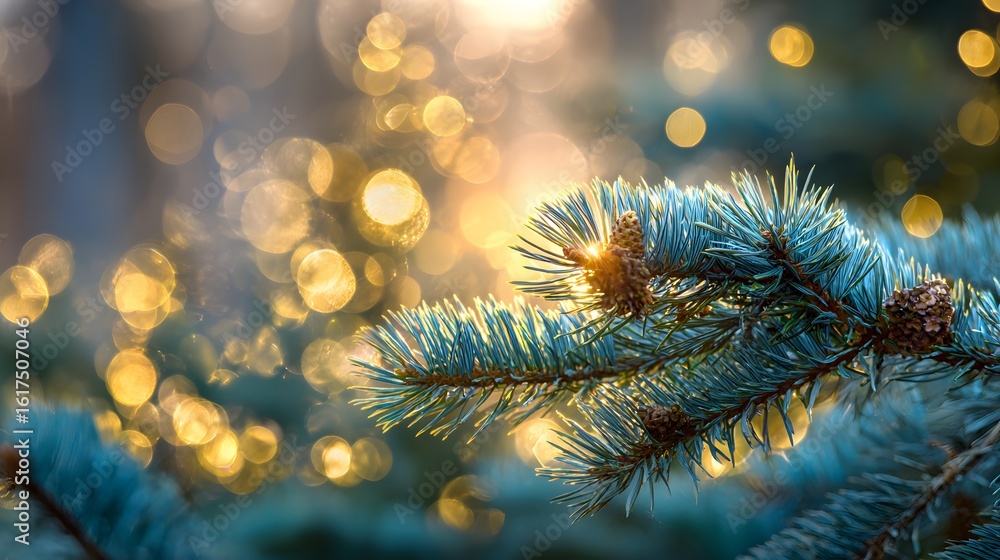 Poster close-up of a branch of blue spruce with golden bokeh.