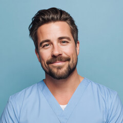Obraz premium male doctor in light blue medical uniform smiling on blue background