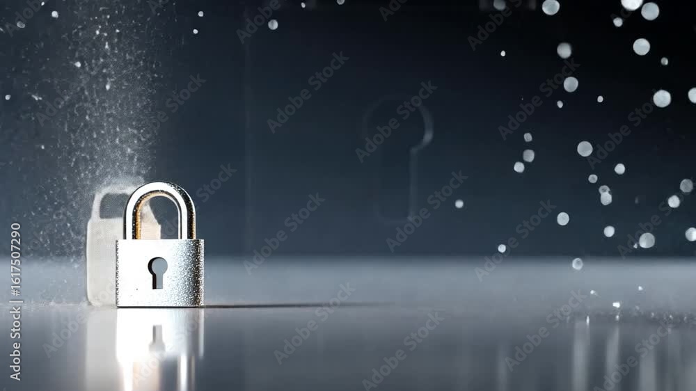Poster shiny padlock and metallic security dark mist of particles enhancing protection and safety in close 