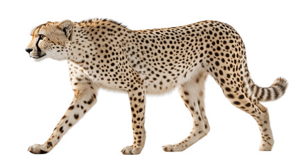 Cheetah walking in side profile with perfect spotted coat, athletic body frozen mid-motion, isolated on white, 4k image