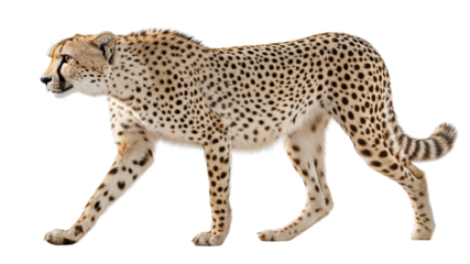 Cheetah walking in side profile with perfect spotted coat, athletic body frozen mid-motion, isolated on white, 4k image