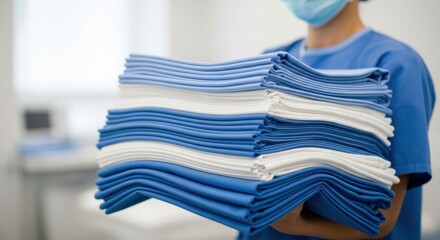 A person in blue medical scrubs and a mask holds a stack of folded blue and white medical linens