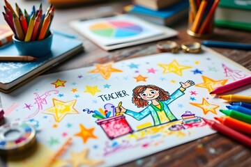 Illustration of a Teacher and Art Supplies on a Wood Tabletop Surface