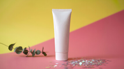 White cosmetic tube with eucalyptus and glitter skincare