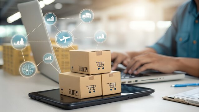 Person typing on laptop with boxes on tablet and connected logistics network icons above them