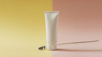 White cosmetic tube with lavender on pastel background