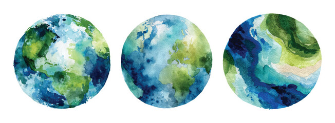 Watercolor Earth Globes Collection: Three Unique Earth Illustrations on Transparent Backdrop for Environmental Awareness and Global Concepts Visuals