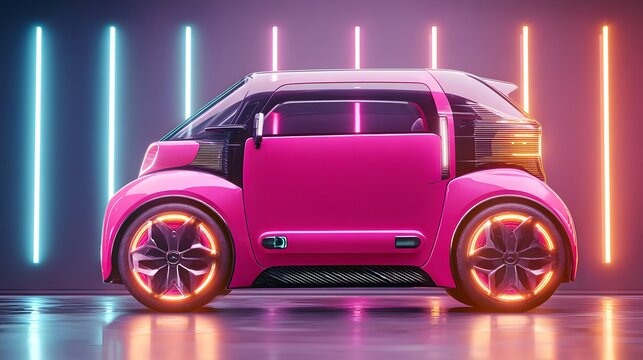 Vibrant pink electric vehicle in a modern setting.