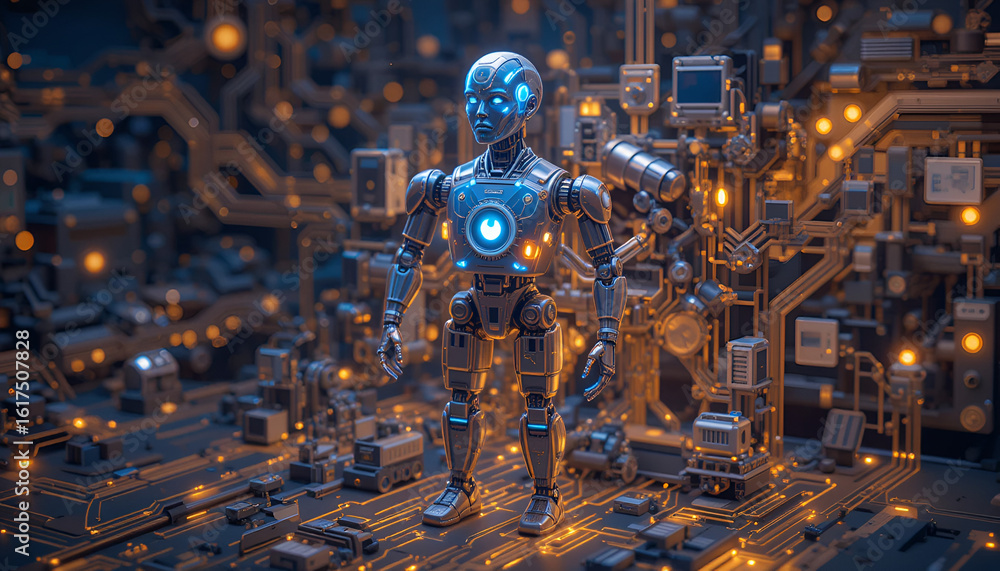 Poster robot standing on circuit board with glowing lights and components
