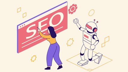 Woman Engaging with SEO Concepts Alongside a Friendly Robot in a Digital