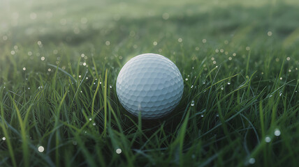 White golf ball on wet green grass with bokeh sport