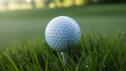 White golf ball on tee in green grass golf tee