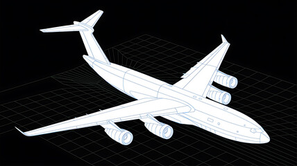 White outline of cargo airplane on black background with grid