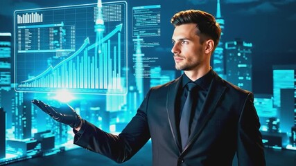 Businessman in dark suit interacting with virtual financial charts and futuristic holographic interface against a night cityscape - Powered by Adobe