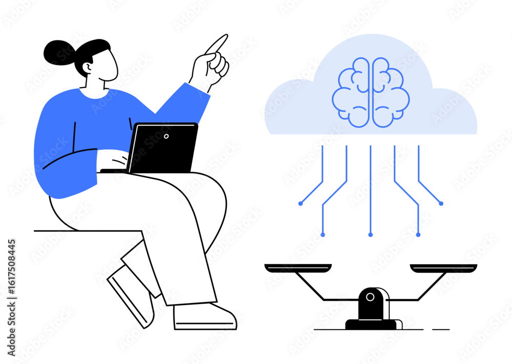 Poster person pointing at a brain-cloud diagram connected with data lines, symbolizing ai. a scale represen