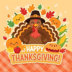 Obraz premium Cute cartoon turkey wearing a pilgrim hat surrounded by fall harvest elements and happy thanksgiving text