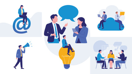 Business Teamwork and Communication Icons Online Presence, Idea Generation, Brainstorming, Cloud Technology, Announcements