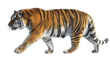 Side profile of a powerful tiger mid-step, focused eyes and vibrant stripes, realistic fur texture, real look, full view, on white background, 4k, unique, no blur, clear view