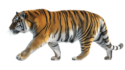 Side profile of a powerful tiger mid-step, focused eyes and vibrant stripes, realistic fur texture, real look, full view, on white background, 4k, unique, no blur, clear view