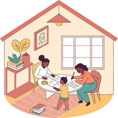 Parents and two children sitting at table doing homework