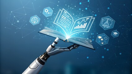 Robotic arm holding an open book with glowing data and icons floating on a blue gradient background