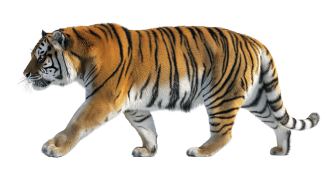 Side profile of a powerful tiger mid-step, focused eyes and vibrant stripes, realistic fur texture, real look, full view, on white background, 4k, unique, no blur, clear view