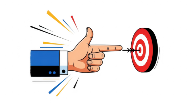 A hand pointing a finger like a gun towards a target with a dart in the bullseye, isolated on a transparent background