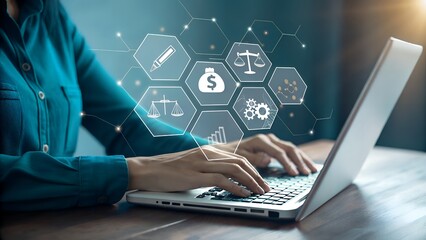 Person typing on laptop with digital icons representing law finance and business concepts overlaying image
