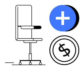 Minimalist office chair, dollar coin, and plus symbol focus on business growth, profitability, efficiency, workplace productivity, team motivation, modern office career development. Flat simple