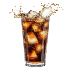 Cola splash with ice isolated on transparent background