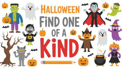 Fototapeta premium Cartoon Halloween Illustration with Ghosts, Pumpkins, Monsters, Bats, Pencil, and Find One of a Kind Text