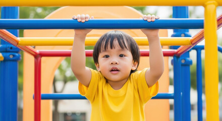 Curious young asian child in yellow shirt hanging on vibrant outdoor playground bars develops strength and confidence during fun active play in summer park