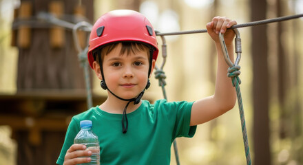 Confident young boy in safety helmet holding water bottle stands on ropes course in forest adventure park, ready for climbing challenge, outdoor activity boosting courage and healthy lifestyle