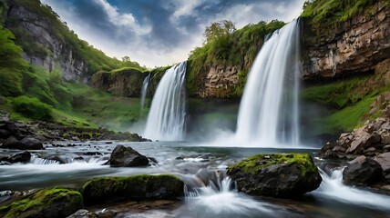Fototapeta premium Beautiful cascades of water flow over rocks in a natural mountain forest landscape