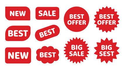 Collection of Red Sale Stickers Featuring New, Best, and Big Sale Offers on White Background