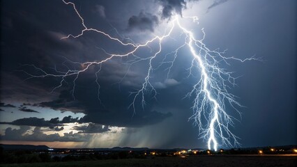 Dramatic Lightning Strike Over Nighttime Landscape: Powerful Nature Photography