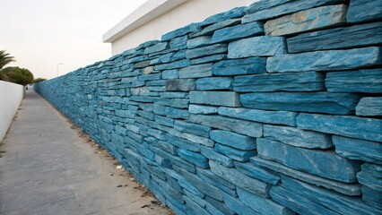 Serene Blue Stone Wall, Modern Architectural Detail, Peaceful Pathway