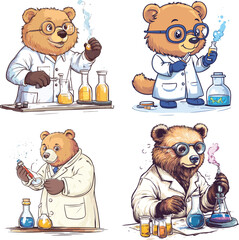 The scientist bear is doing the experiment in the lab vector style on white background